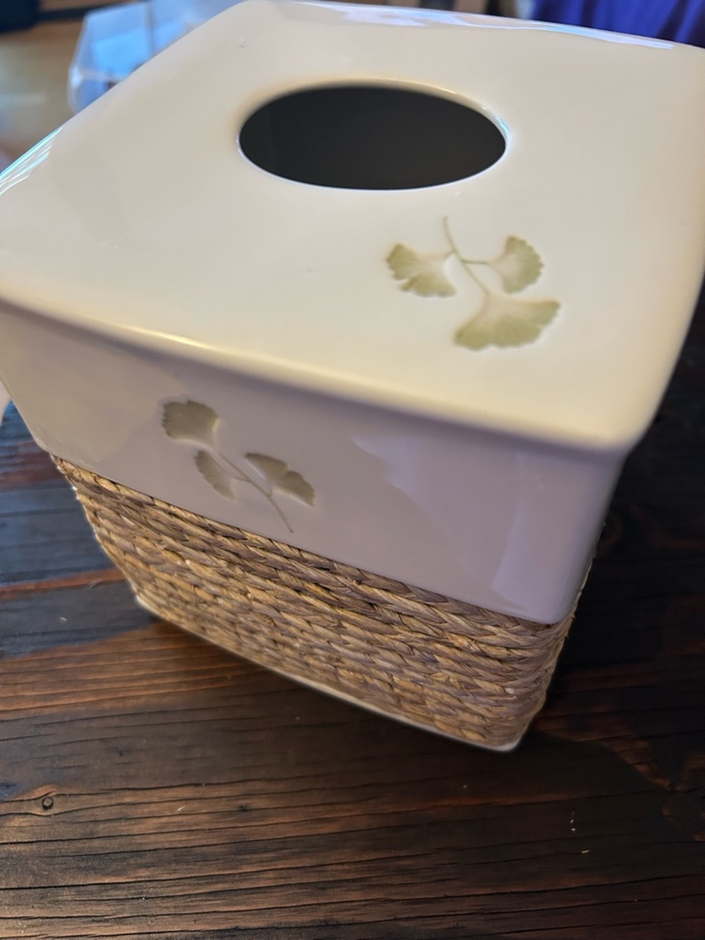 Ceramic Tissue Box Cover with Woven Base - White and Natural
